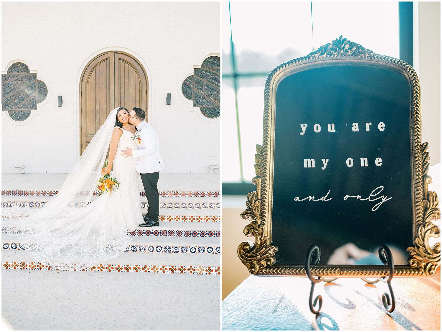Wedding venue details featuring ornate frames and decorative elements.