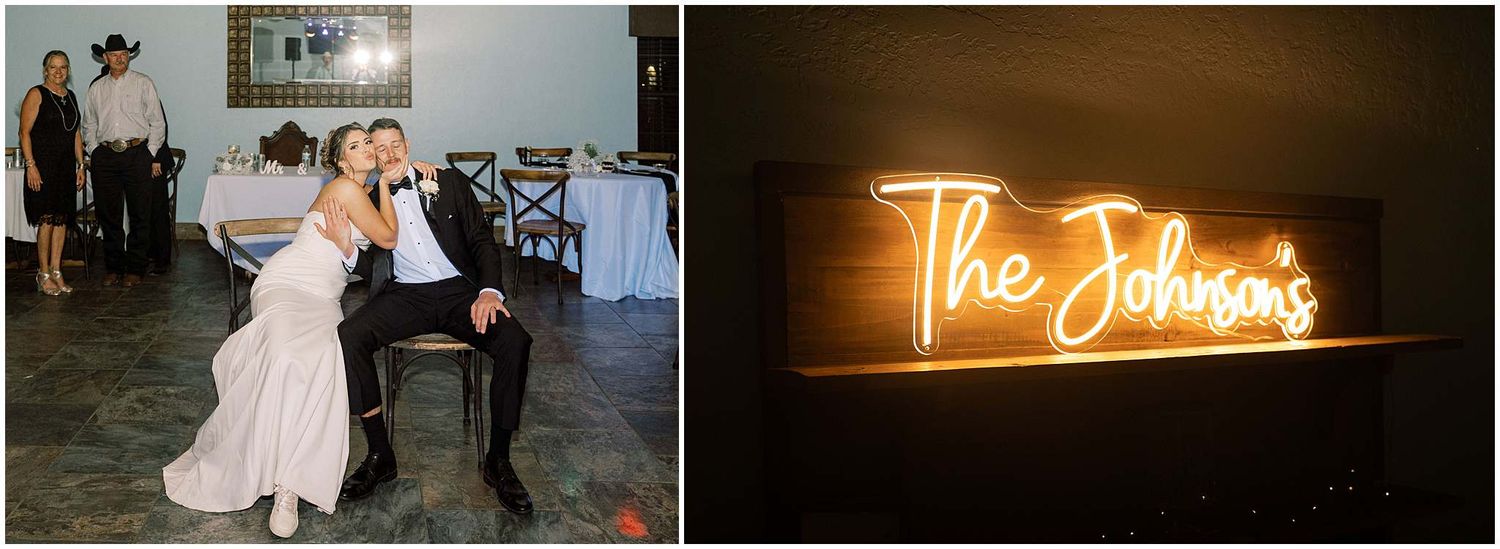 Wedding reception venue illuminated with warm lighting and neon signage.