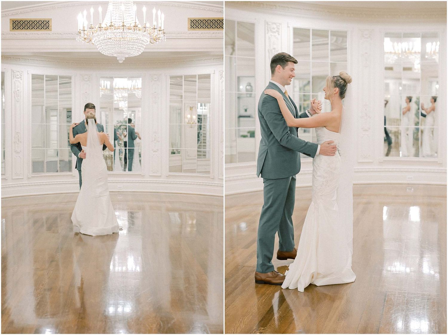 Wedding couple shares romantic dance in elegant white ballroom with reflective floors.