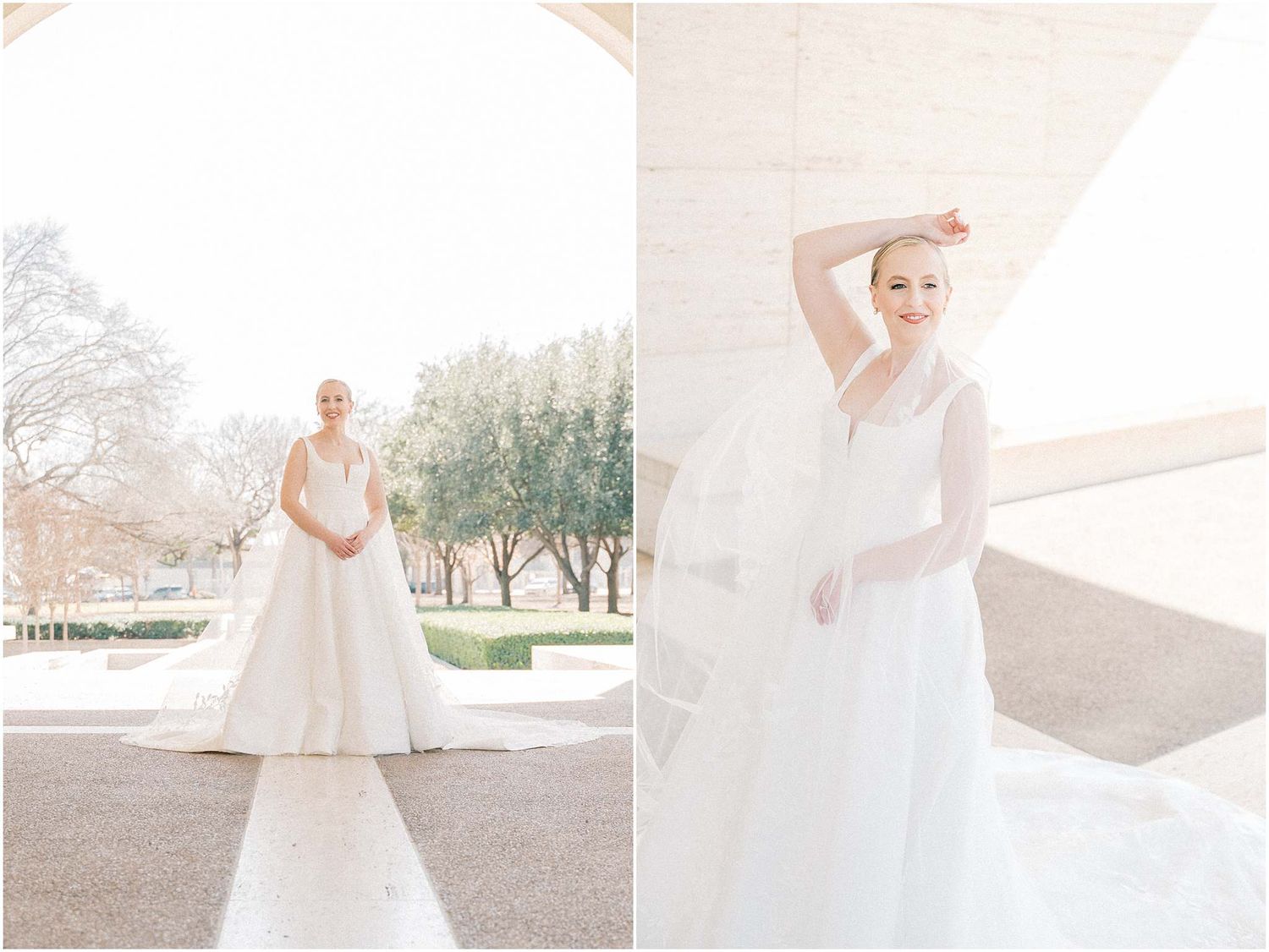 Ethereal bridal portrait session featuring a flowing white ballgown and delicate veil in an outdoor architectural setting.