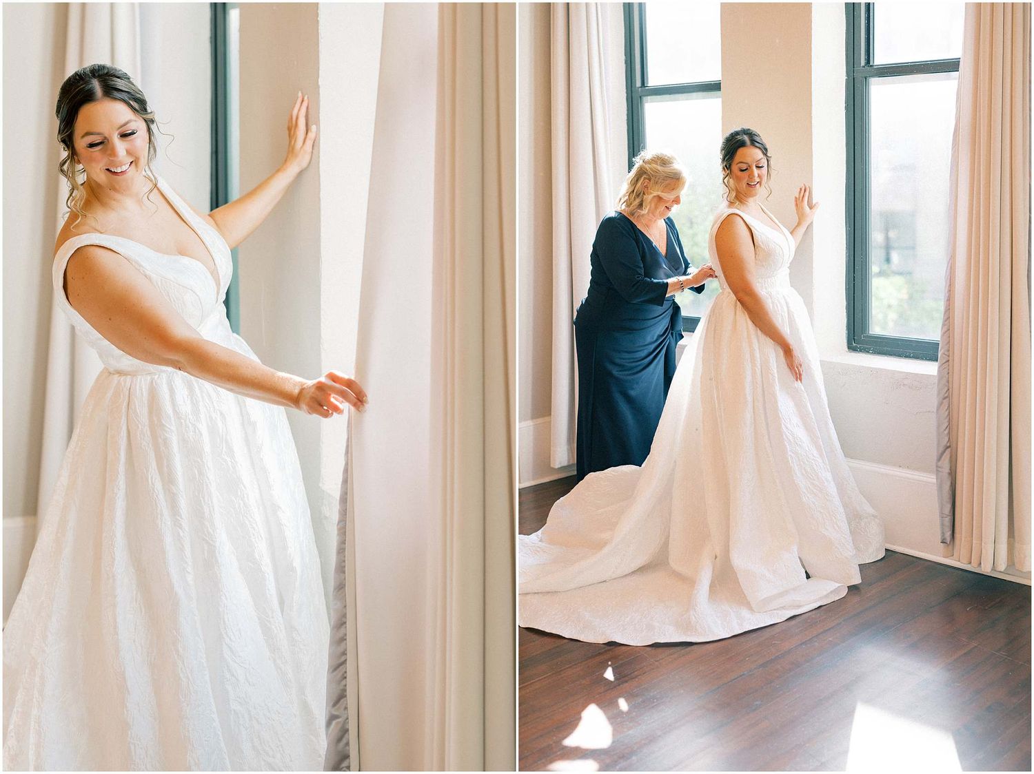 Wedding dress movement and styling captured in bright, window-lit space.