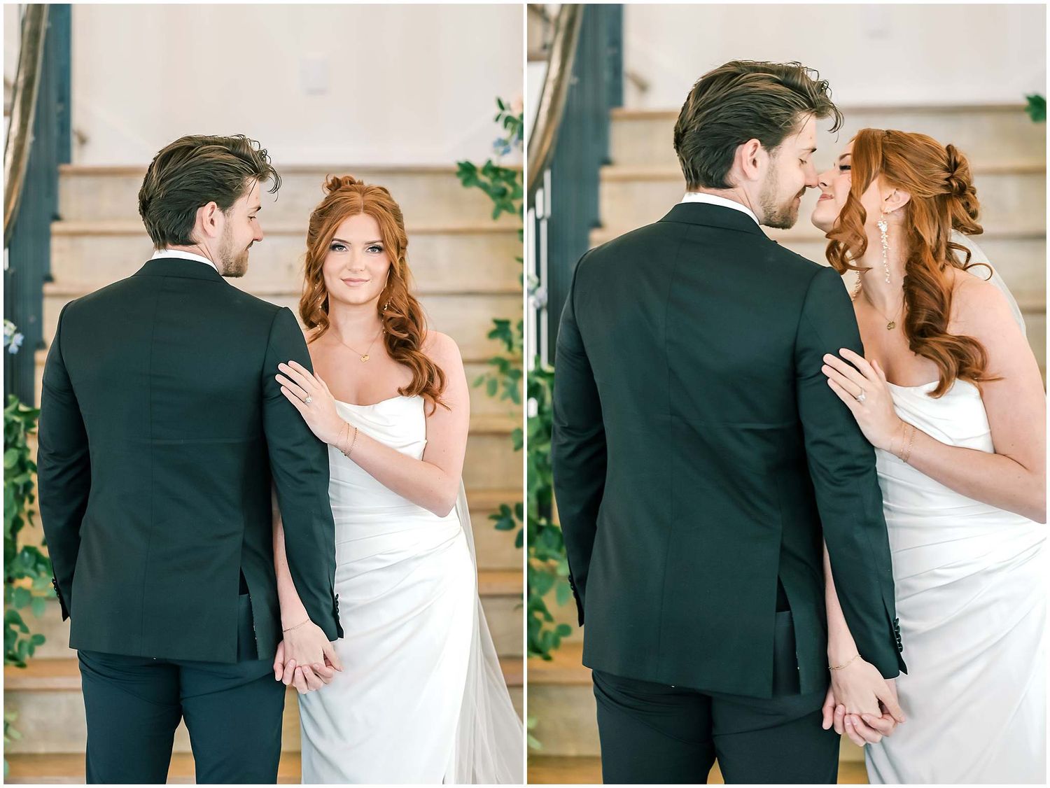 Wedding couple shares intimate poses in a series of romantic portraits against a neutral backdrop.