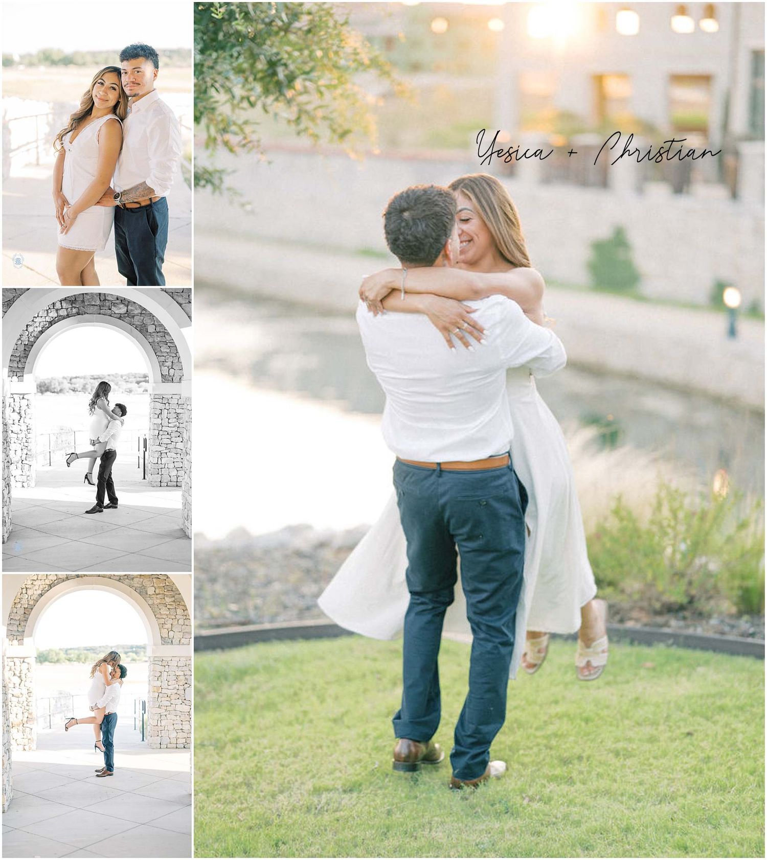 Romantic engagement photo collage of couple embracing outdoors, featuring arch backdrop and golden hour lighting.