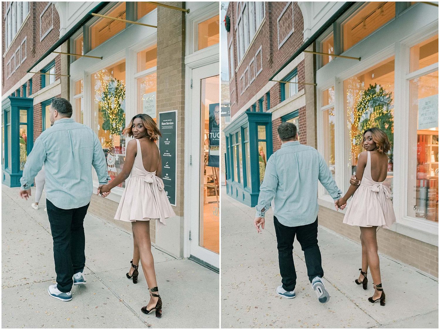 Two people walk down a city street past storefronts in a sequence of candid photos showing their movement.