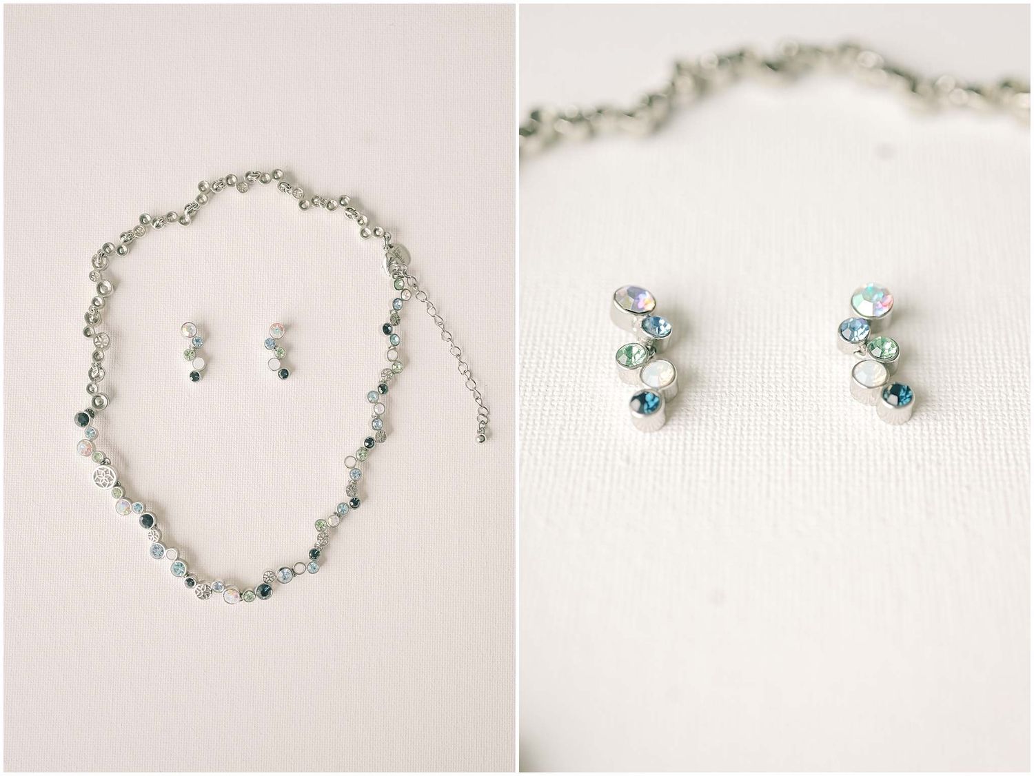 Delicate silver jewelry collection featuring matching necklaces, bracelets, and earrings with blue crystal accents.