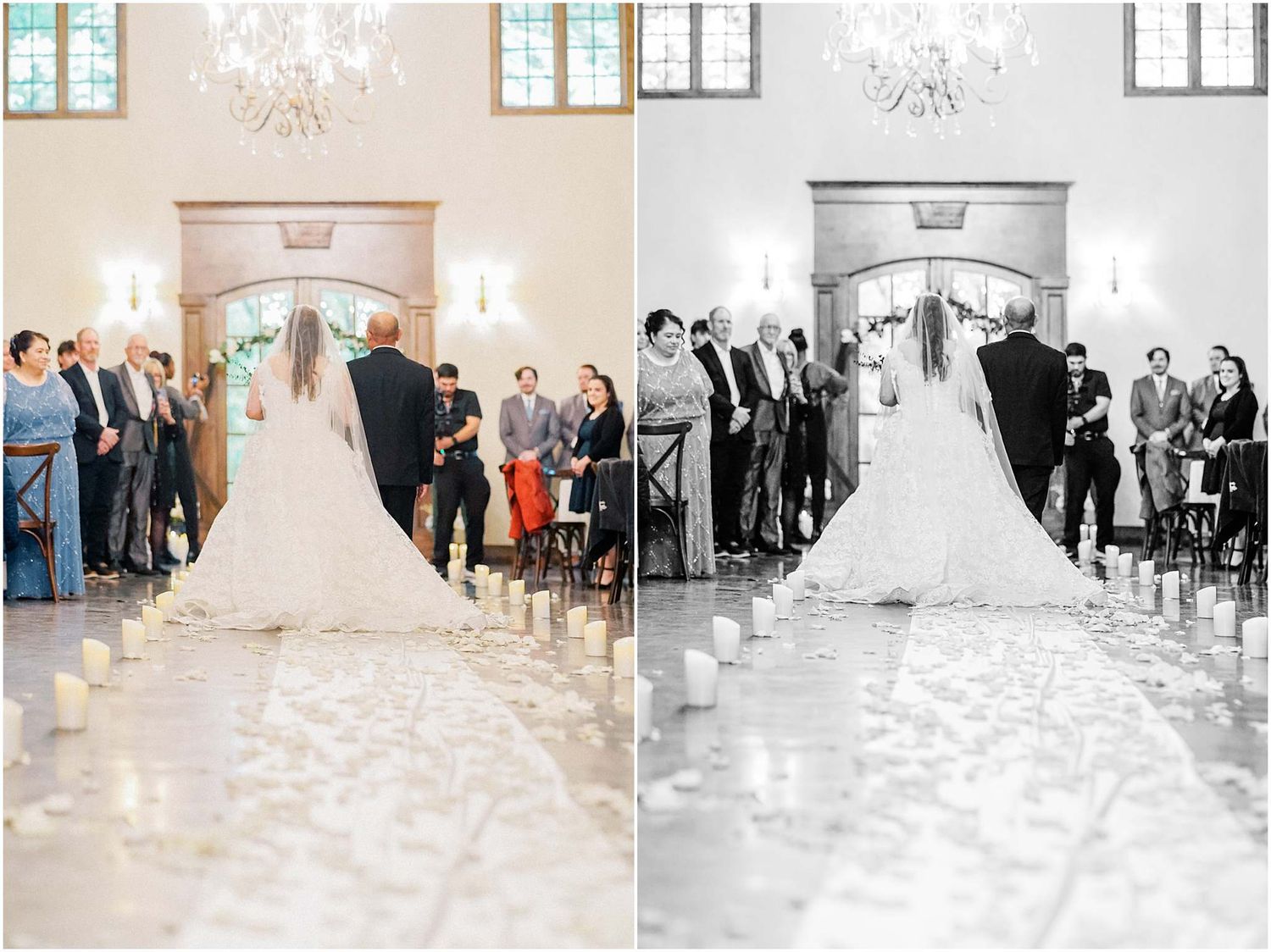 Bride walking down flower petal aisle during wedding ceremony shown in color and black and white.