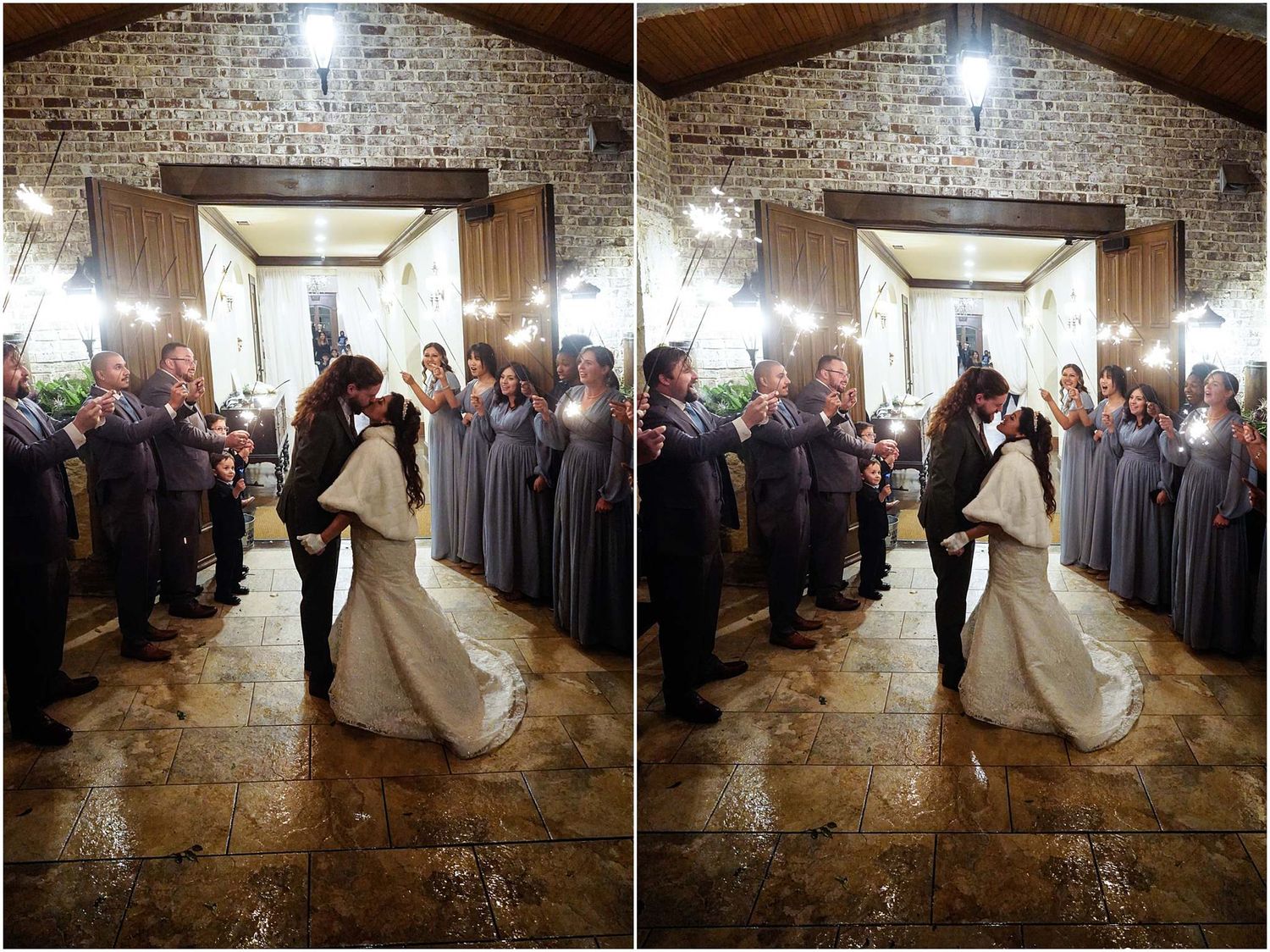 Bride and groom share a romantic kiss surrounded by sparkler-holding wedding guests in a rustic stone venue.