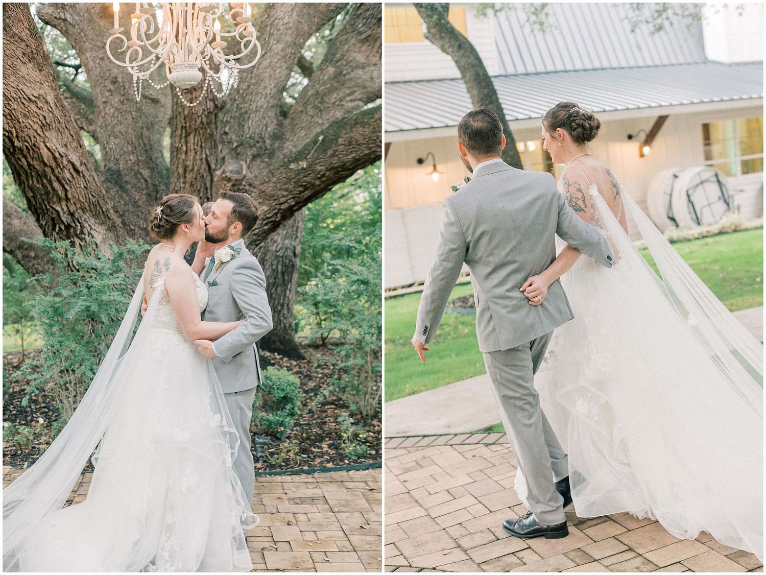 A romantic wedding photo series showing a couple in gray suit and white gown embracing in a garden setting.