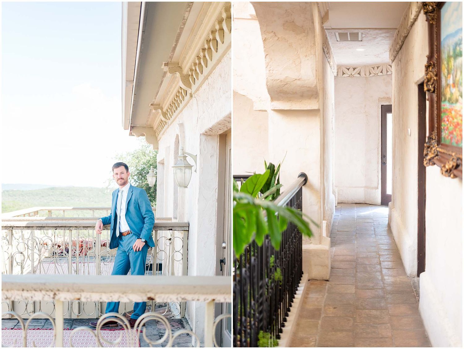 Elegant covered walkway with stone columns and floral arrangements at a wedding venue.