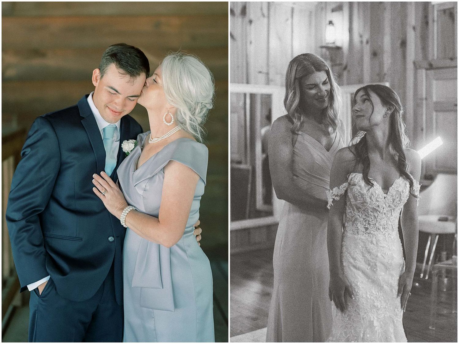 Two side-by-side wedding photos showing tender moments between couples in formal attire at an elegant venue.