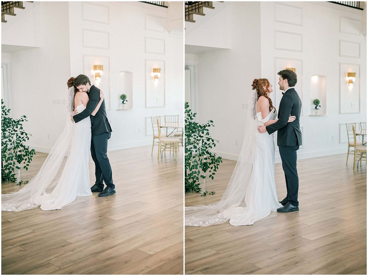 Wedding couple sharing intimate dance moments in a sunlit room with hardwood flooring.