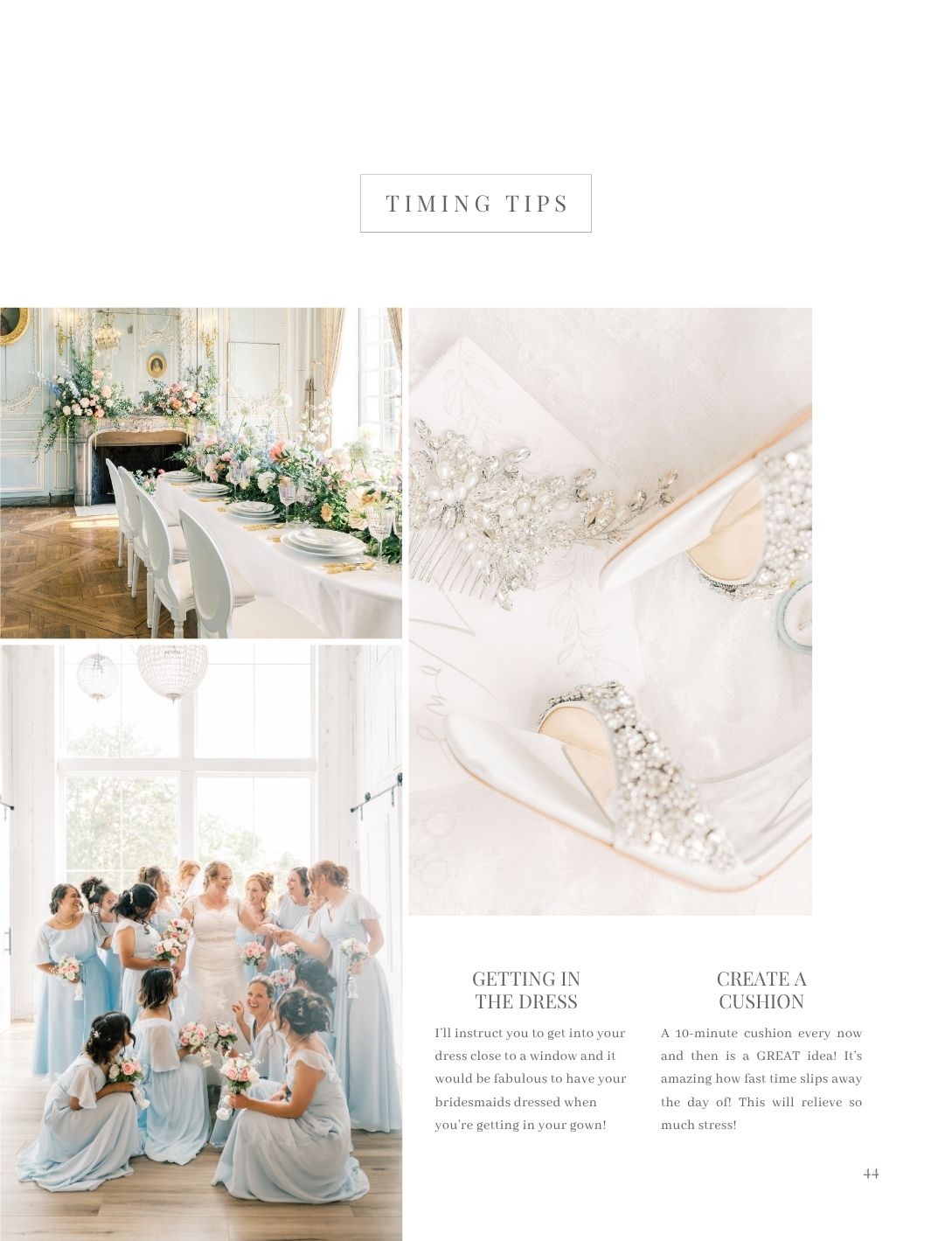 Elegant wedding timing tips layout featuring bridal party in blue gowns, jeweled heels, and floral reception table decor.