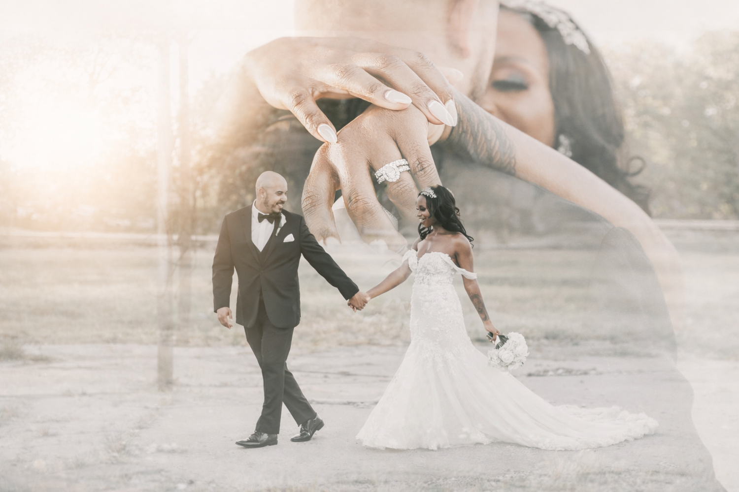 A bride and groom walk hand in hand outdoors, overlaid with a double exposure of a close-up of a diamond engagement ring.