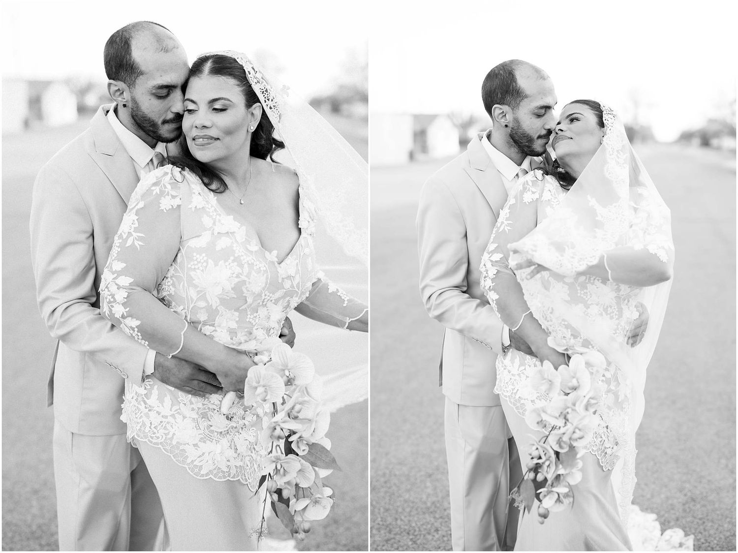 Black and white wedding photos capturing tender moments between newlyweds.