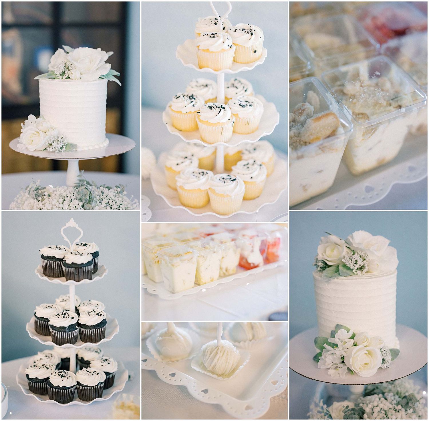 Collection of elegant white wedding desserts including cake, cupcakes and other sweet treats.