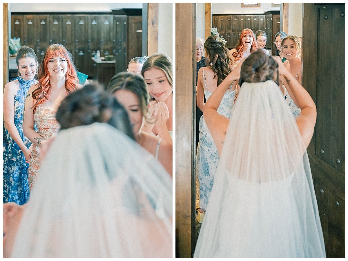 Series of wedding dress preparation shots showing flowing white gown and veil details.