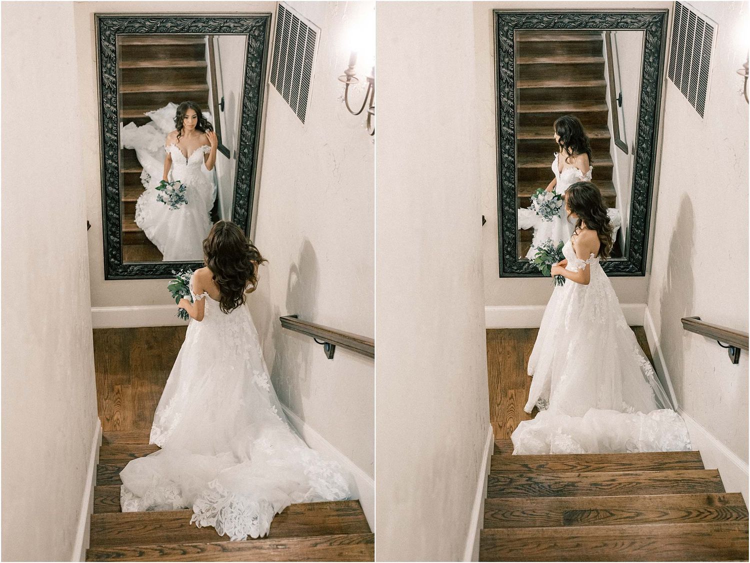 Bride descending vintage wooden staircase showing off wedding gown train in mirror reflection.