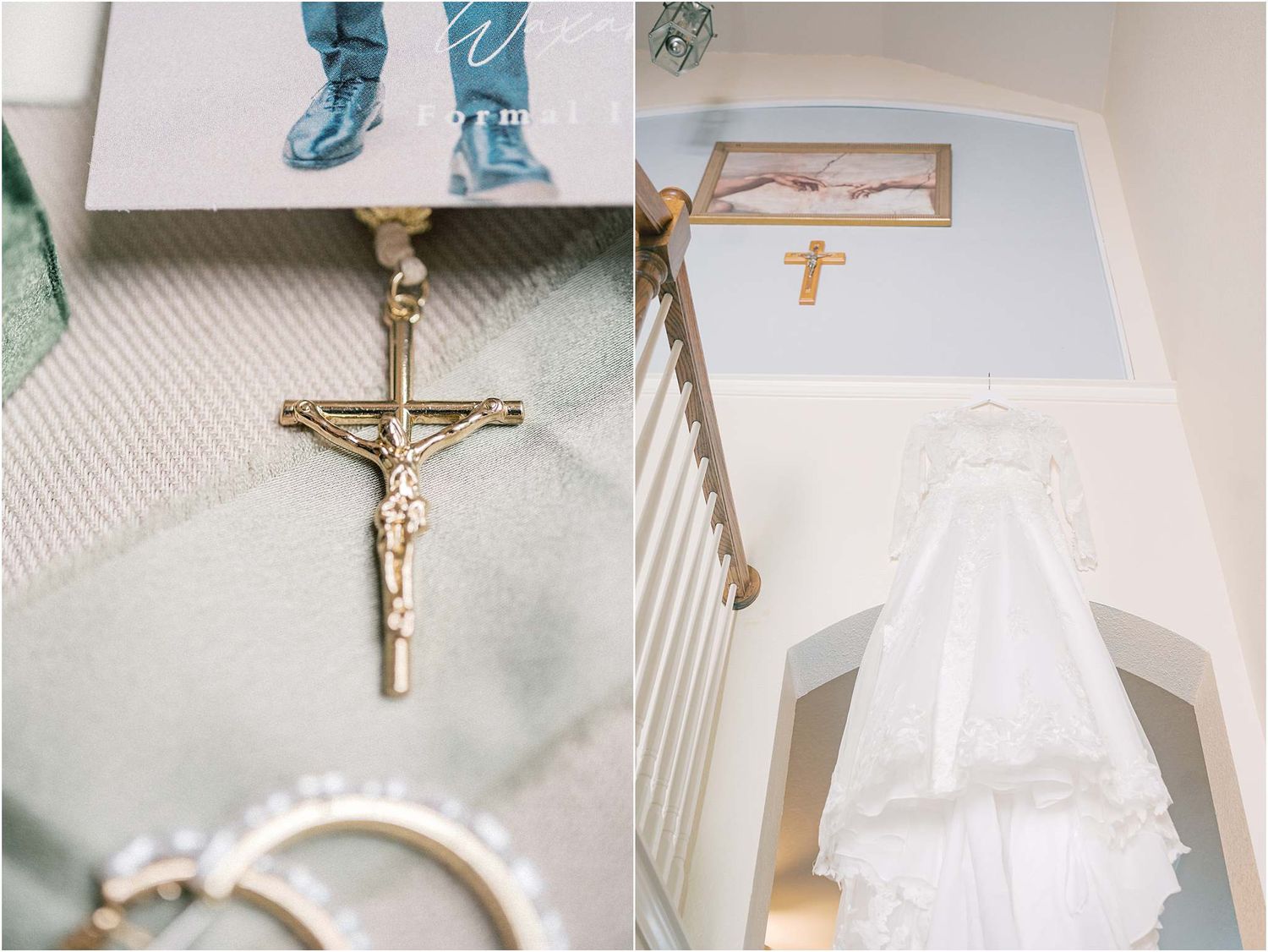Religious wedding details including crosses and crucifixes arranged on white fabric.