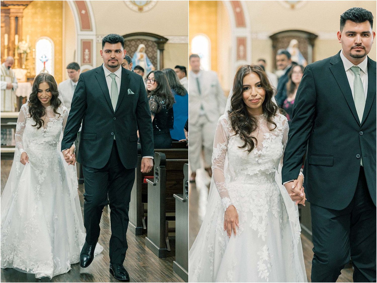 Wedding ceremony moments captured in a traditional church setting with elegant decor.
