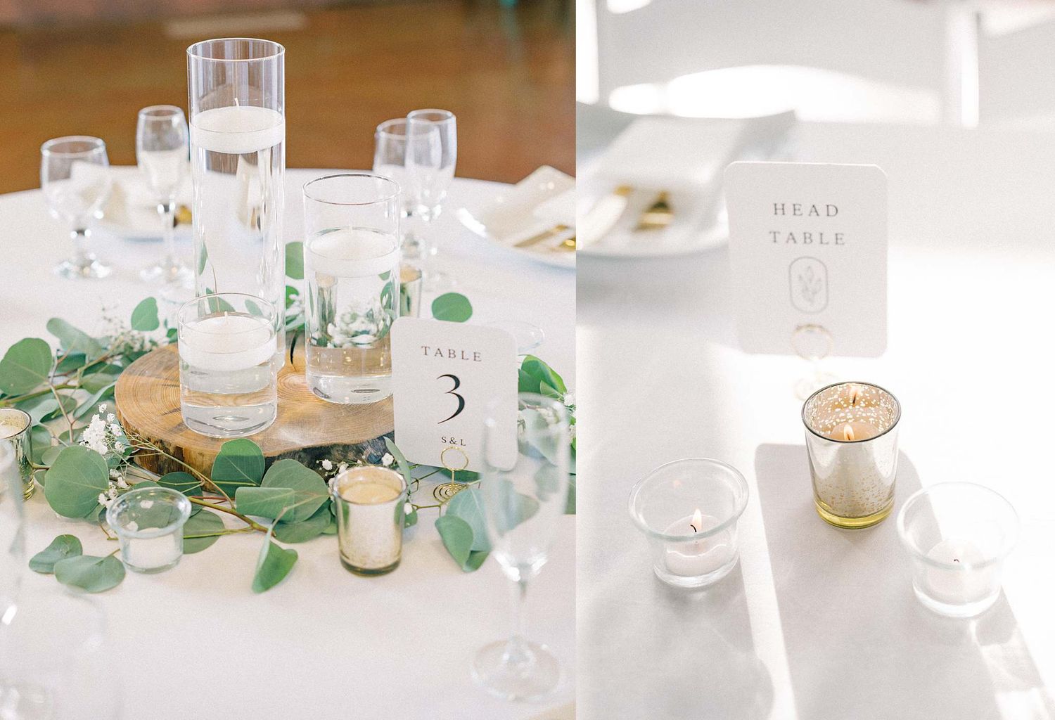 Elegant wedding reception table settings with eucalyptus leaves and gold accents.
