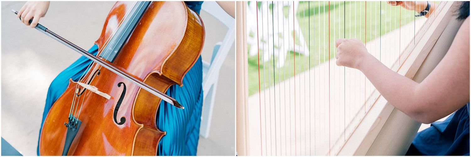 Close-up shots of cello being played during outdoor wedding performance.