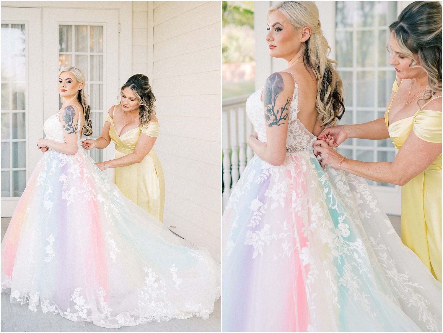 A pastel rainbow wedding gown with delicate lace details being prepared for the ceremony.