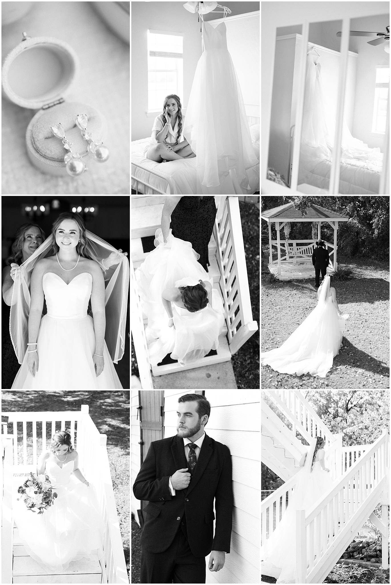 Wedding photo collage featuring elegant white gowns, formal attire, and romantic outdoor settings.