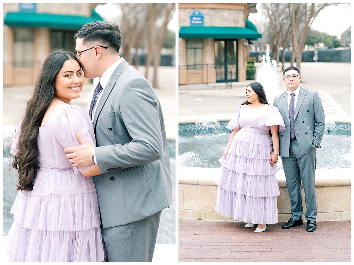 Sweet couple's photoshoot featuring coordinated grey and lavender outfits in an outdoor setting.