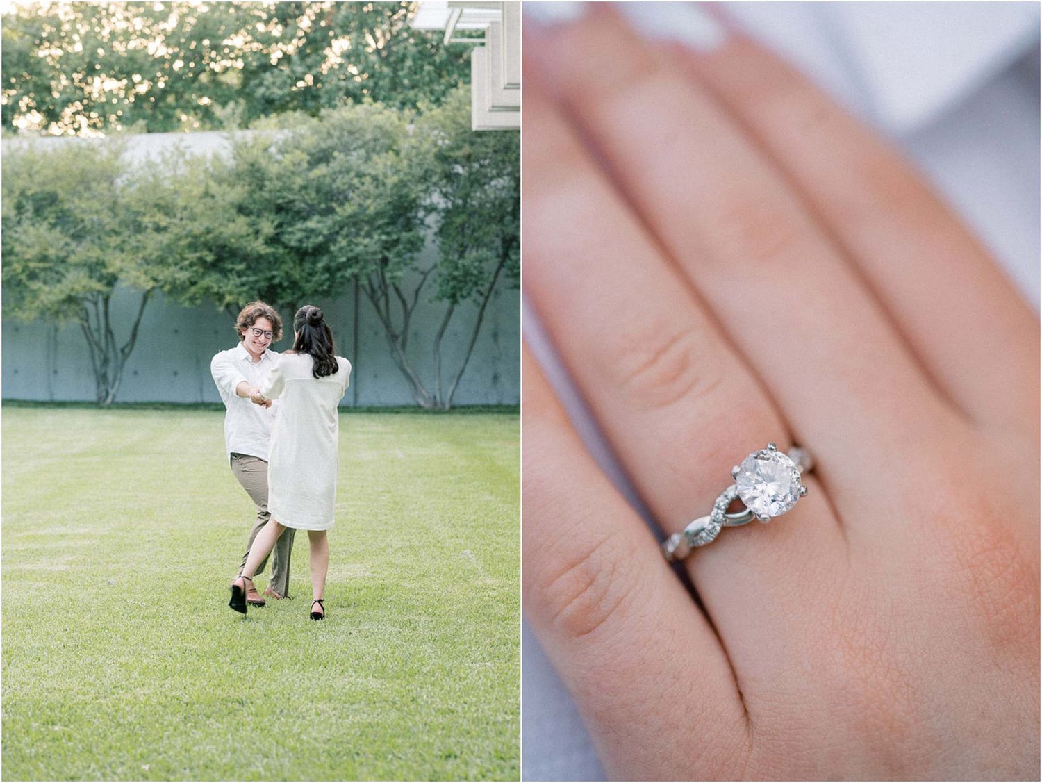 Outdoor engagement photo collage featuring a diamond ring and couple on grass.