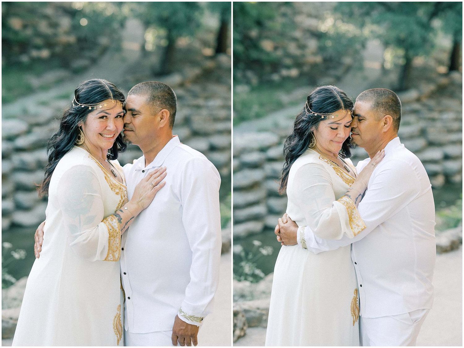 Close-up shots of a couple sharing tender moments in an outdoor setting.