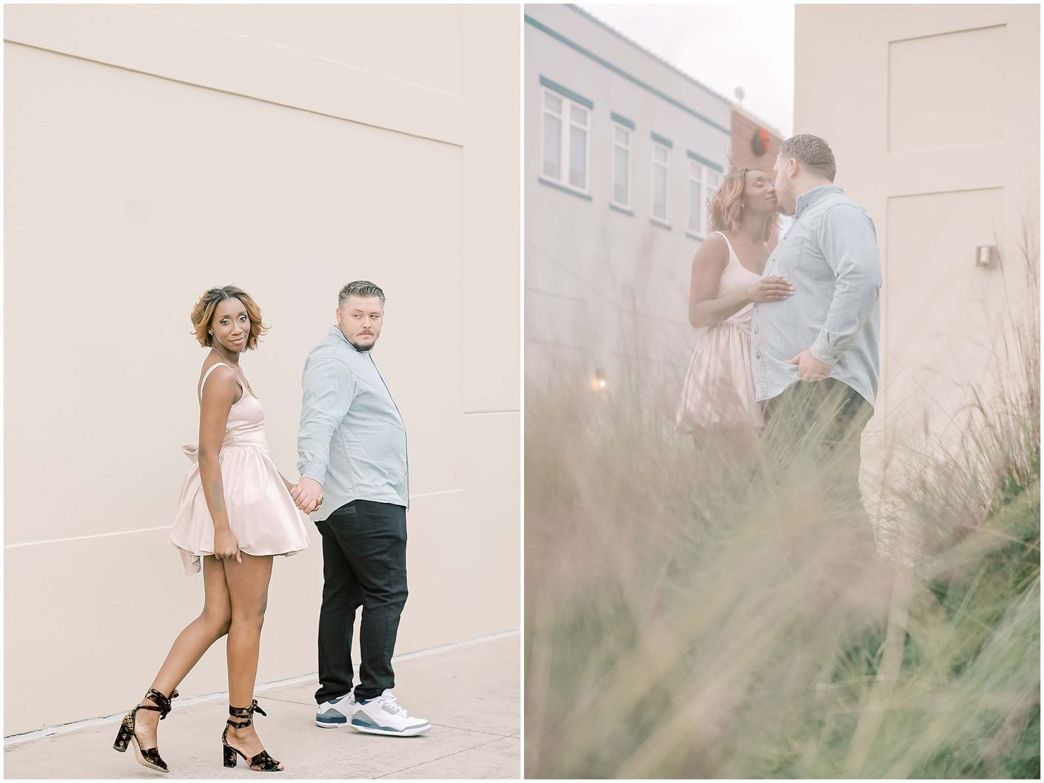 A couple walks together through tall grass during a romantic outdoor photo session at sunset.