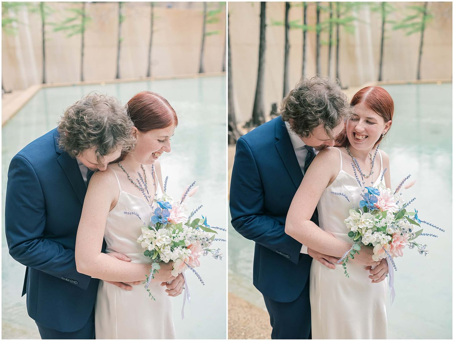 Wedding couple portraits showing intimate moments with pastel floral bouquet.