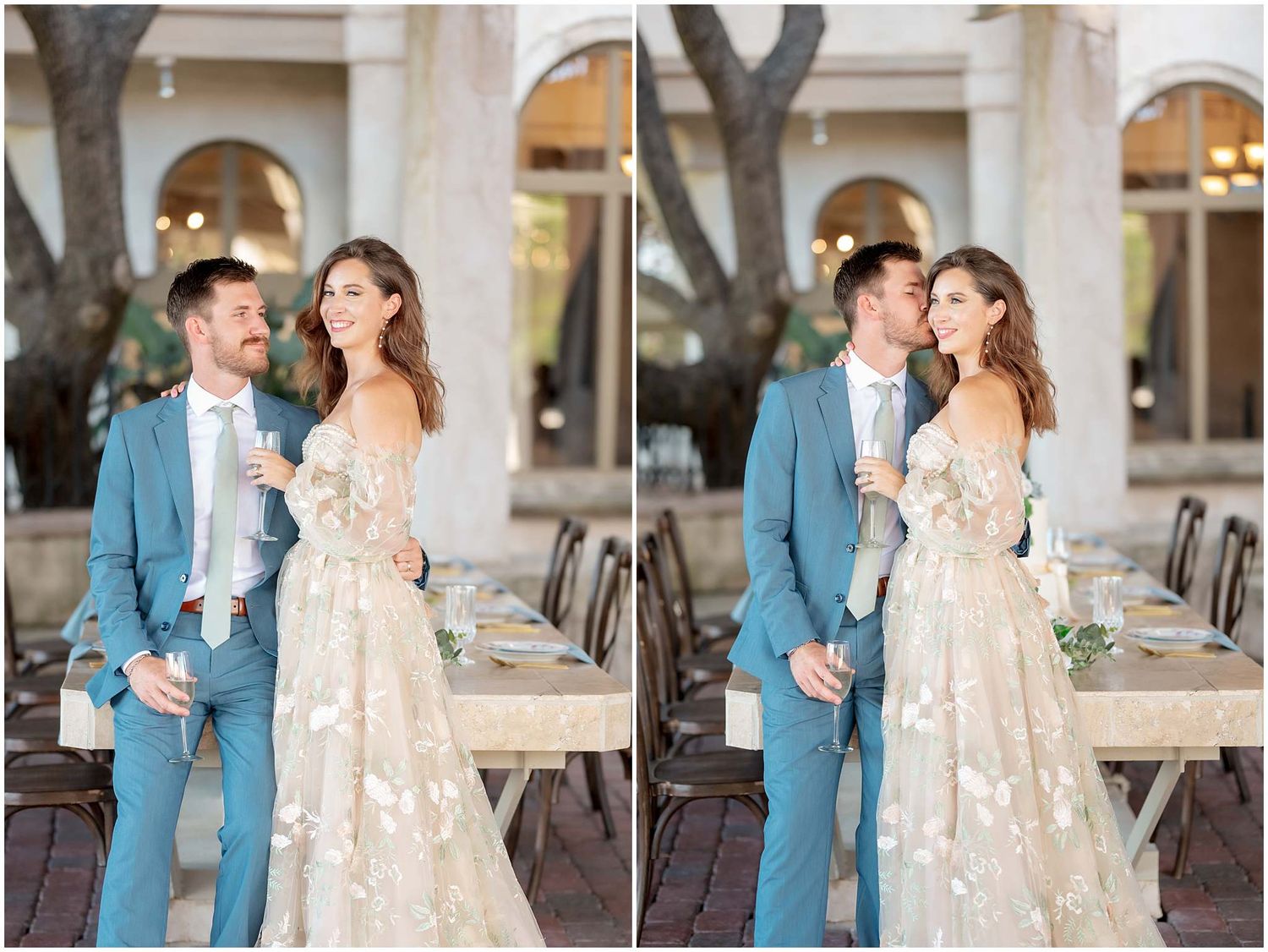 Romantic outdoor wedding photos captured in a sunlit courtyard with classic architecture.