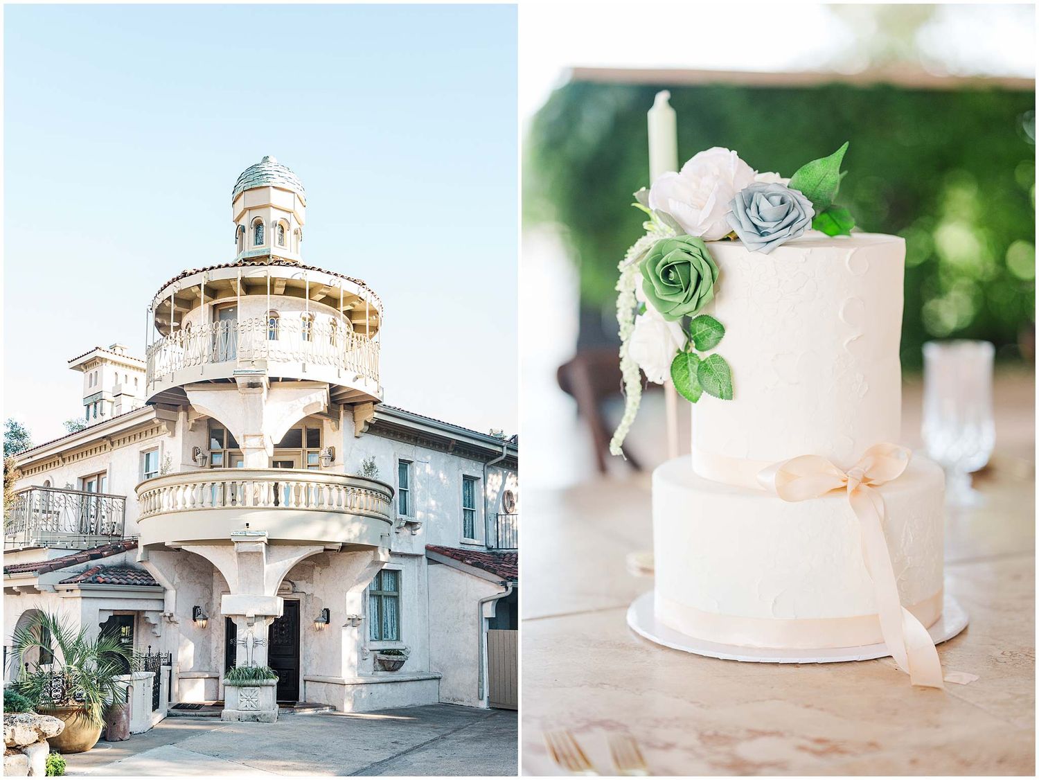 Elegant white wedding venue exterior with architectural details and domed tower.