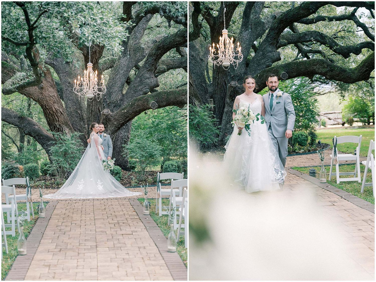 Elegant outdoor wedding ceremony setup with white chairs and a tree-lined brick pathway under majestic oak trees.