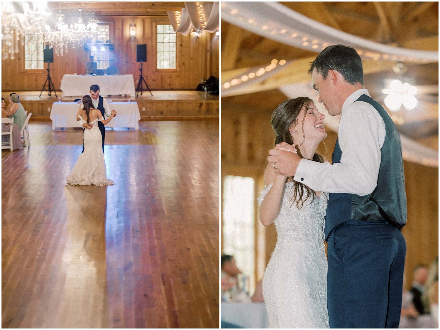 A couple shares their first dance in a rustic wooden ballroom decorated with romantic string lights and white draping.