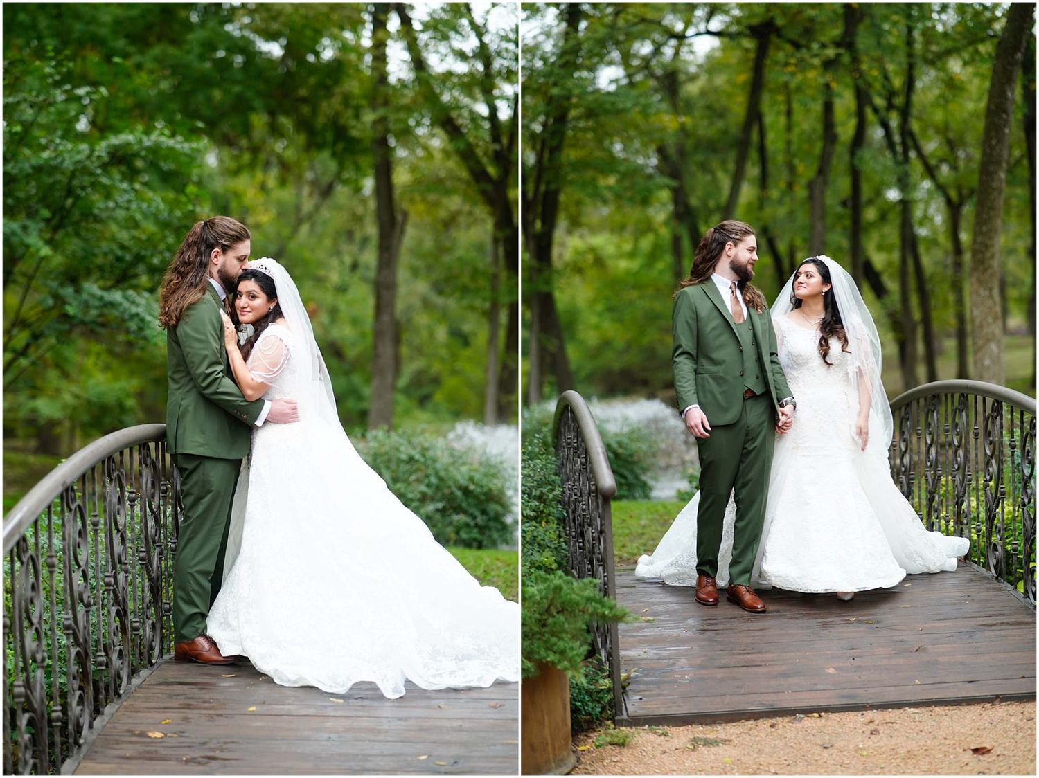 Bride and groom posing on a rustic wooden bridge surrounded by lush green trees in an outdoor wedding portrait.