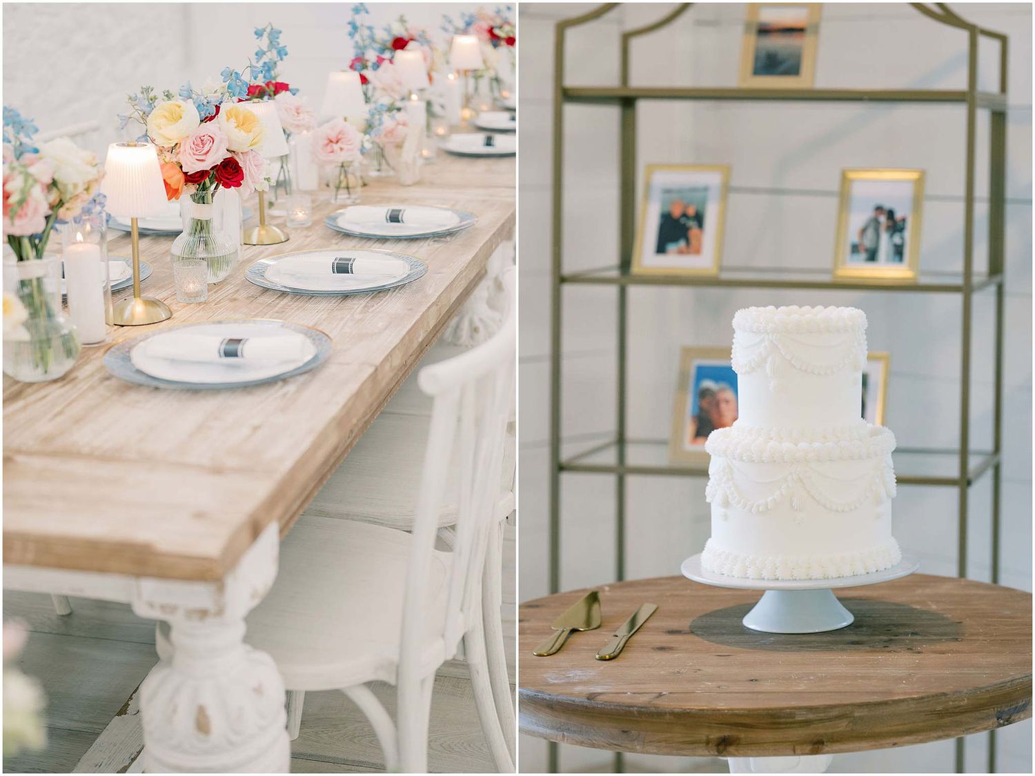 Elegant wedding reception with rustic wood table, white floral centerpieces, and a two-tier white wedding cake on display.