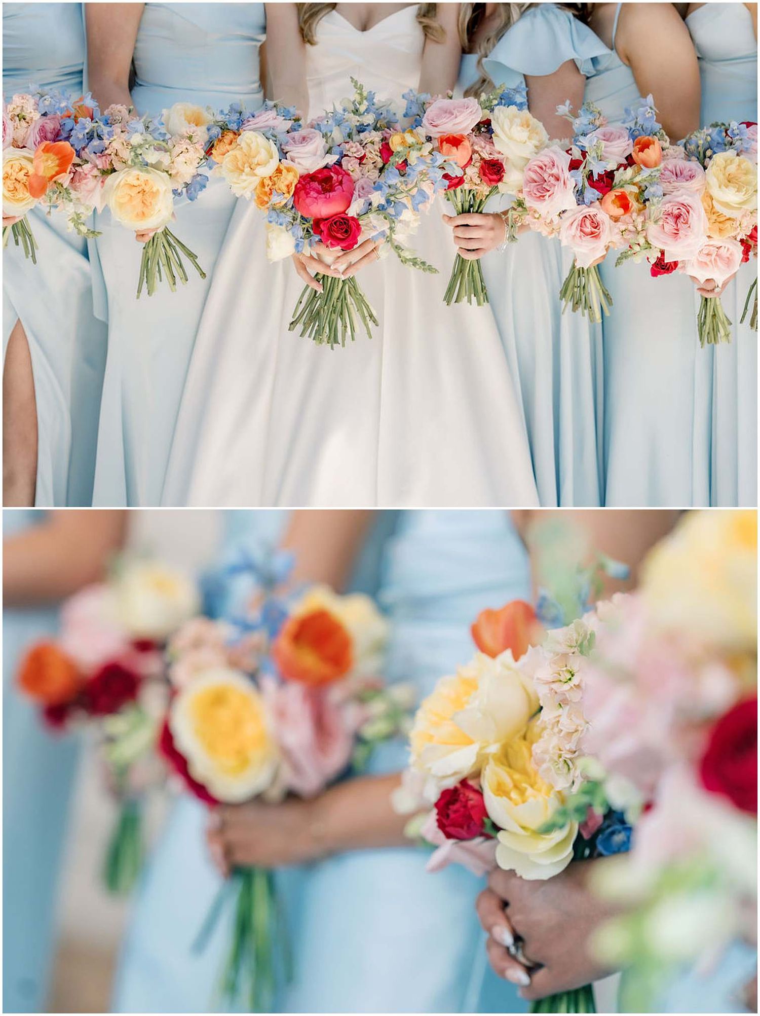 Bridesmaids in light blue dresses holding colorful floral bouquets with roses and wildflowers at a wedding.