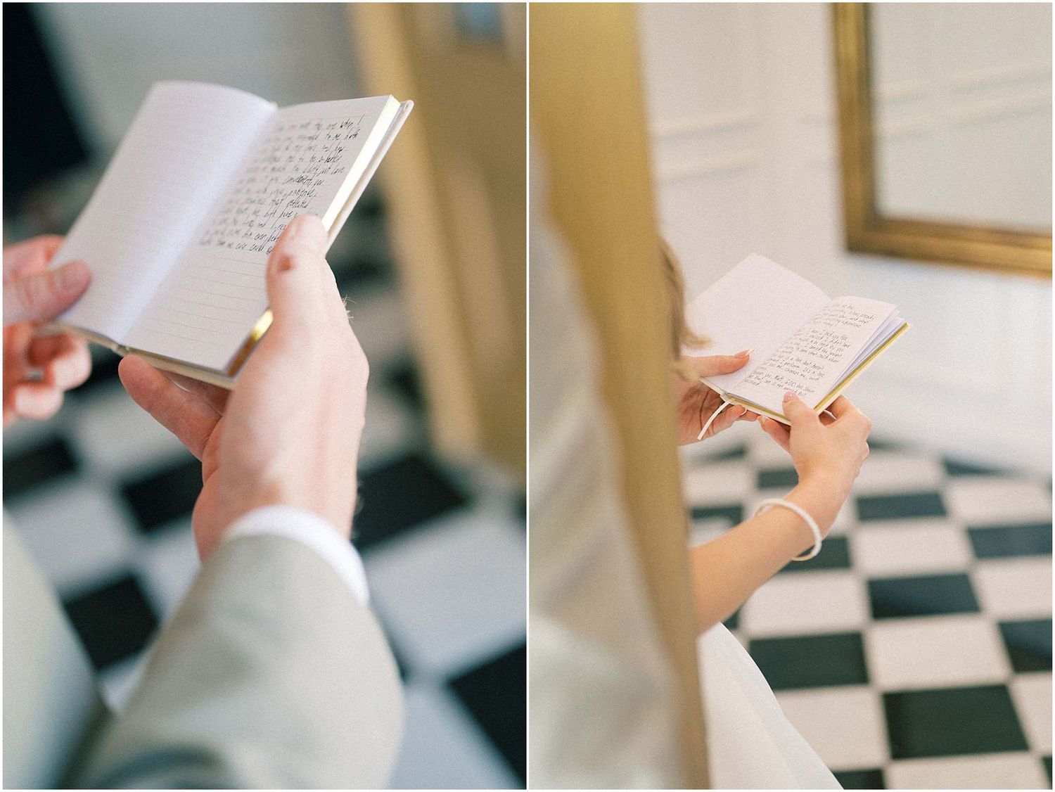 Hands holding a small wedding booklet on a black and white checkered floor.