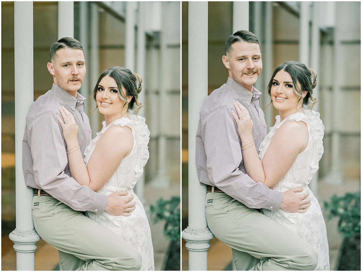 Side by side portraits of a couple embracing against a classic architectural backdrop.
