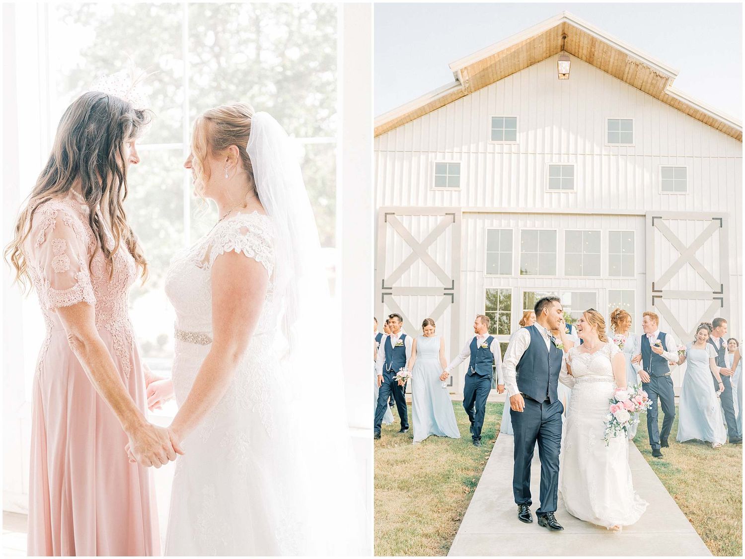 A series of soft, pastel wedding photos showing couples and guests at a rustic barn venue in romantic outdoor settings.