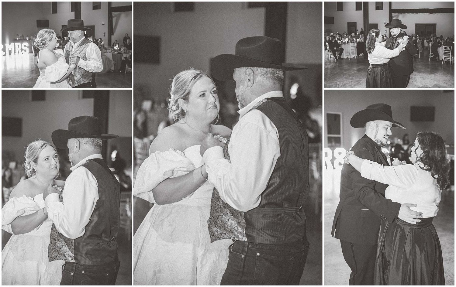 Black and white wedding reception photos show couples dancing and embracing on the dance floor.