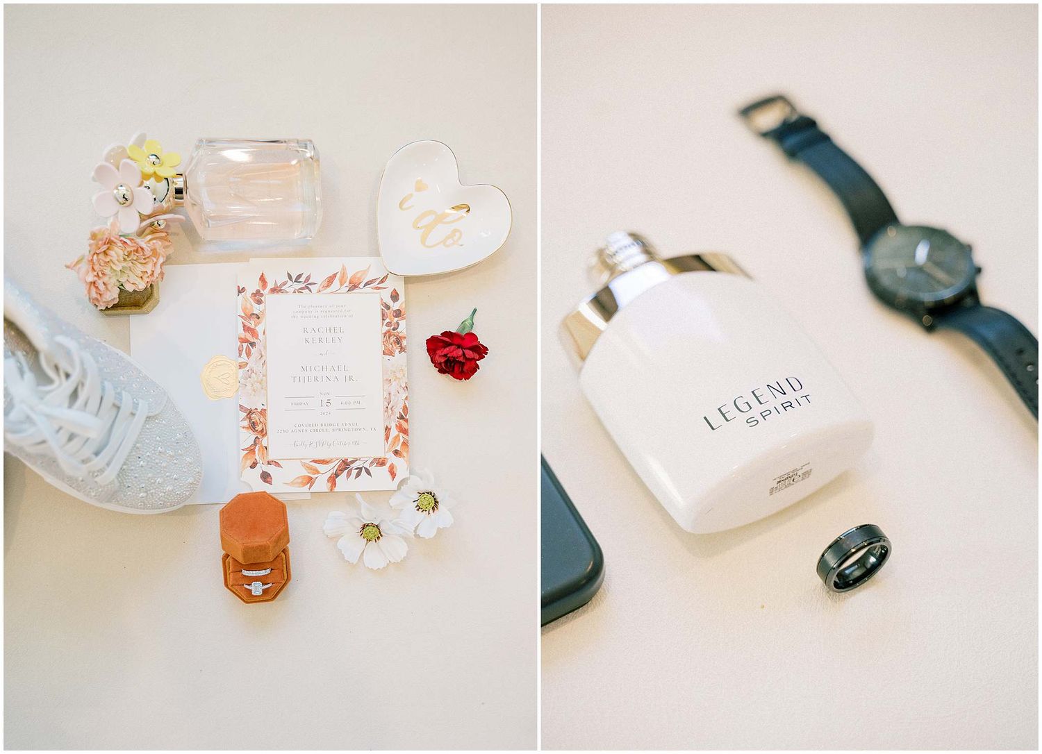 A series of elegant wedding invitation cards and stationery with floral designs and calligraphy details laid out in a row.