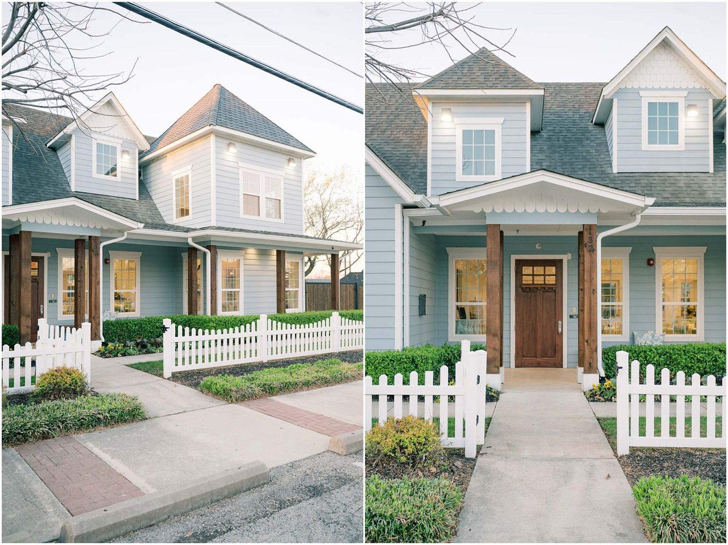A sequence of exterior shots showing a modern gray house with white trim and a welcoming front entrance pathway.