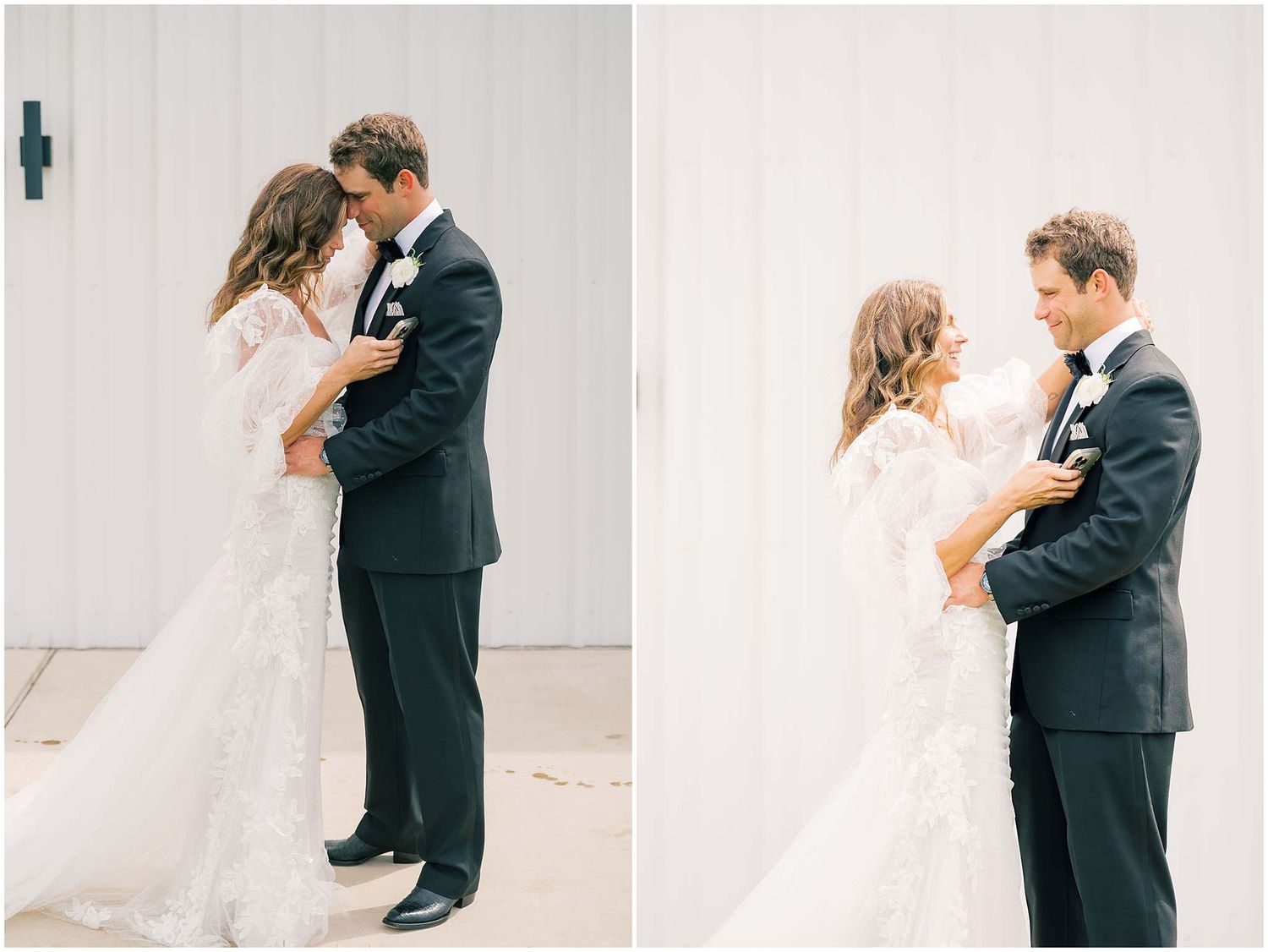 Side-by-side photos capture tender embraces between newlyweds against a white wall backdrop.