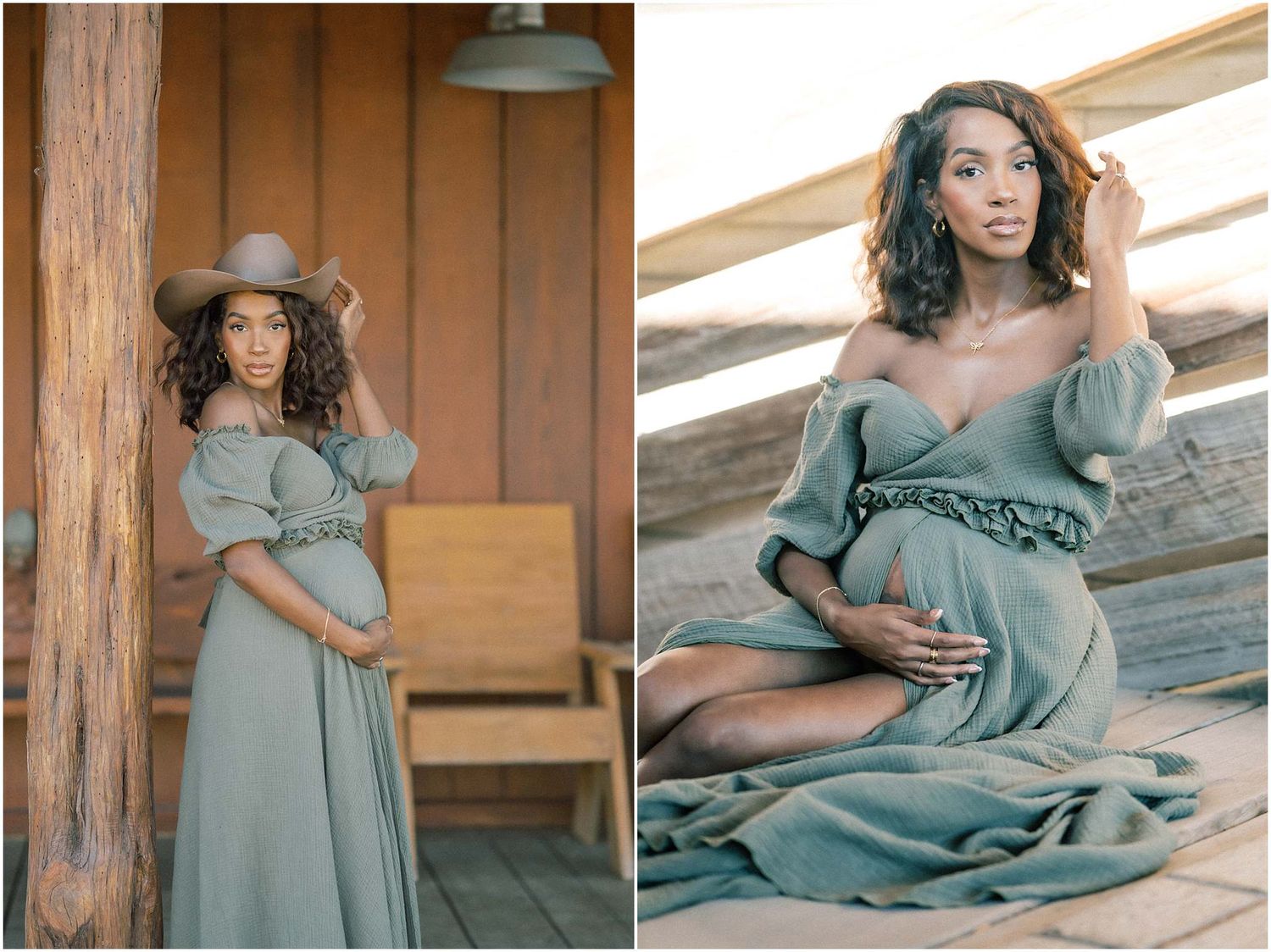 A sage green maternity dress photoshoot in a rustic wooden setting.