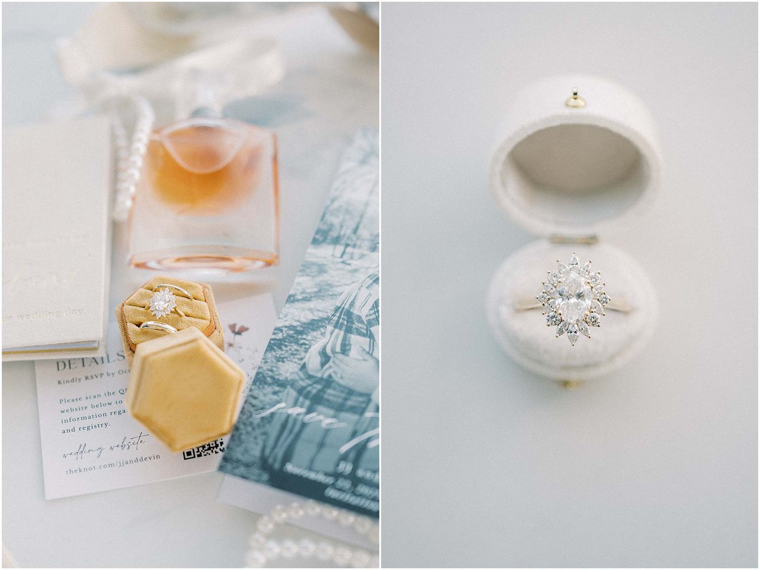 Wedding details including rings, invitations, and delicate accessories arranged in an elegant flat lay style.