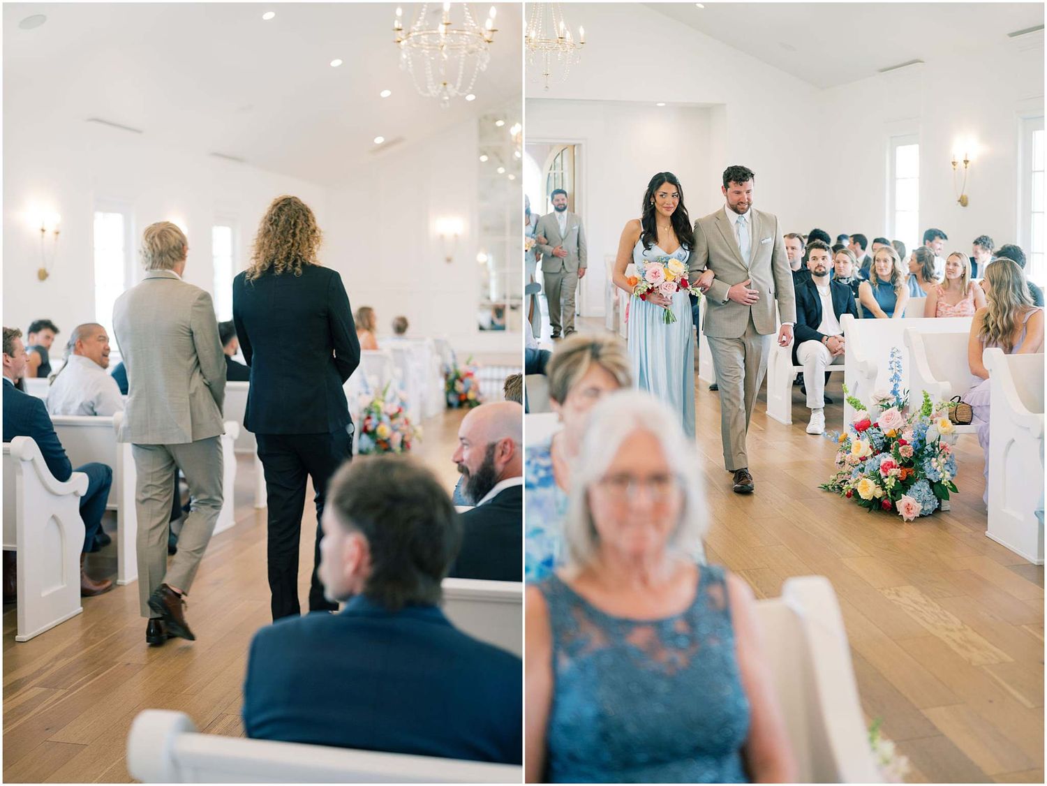 Elegant wedding ceremony processional in a bright white venue with guests seated in white chairs.