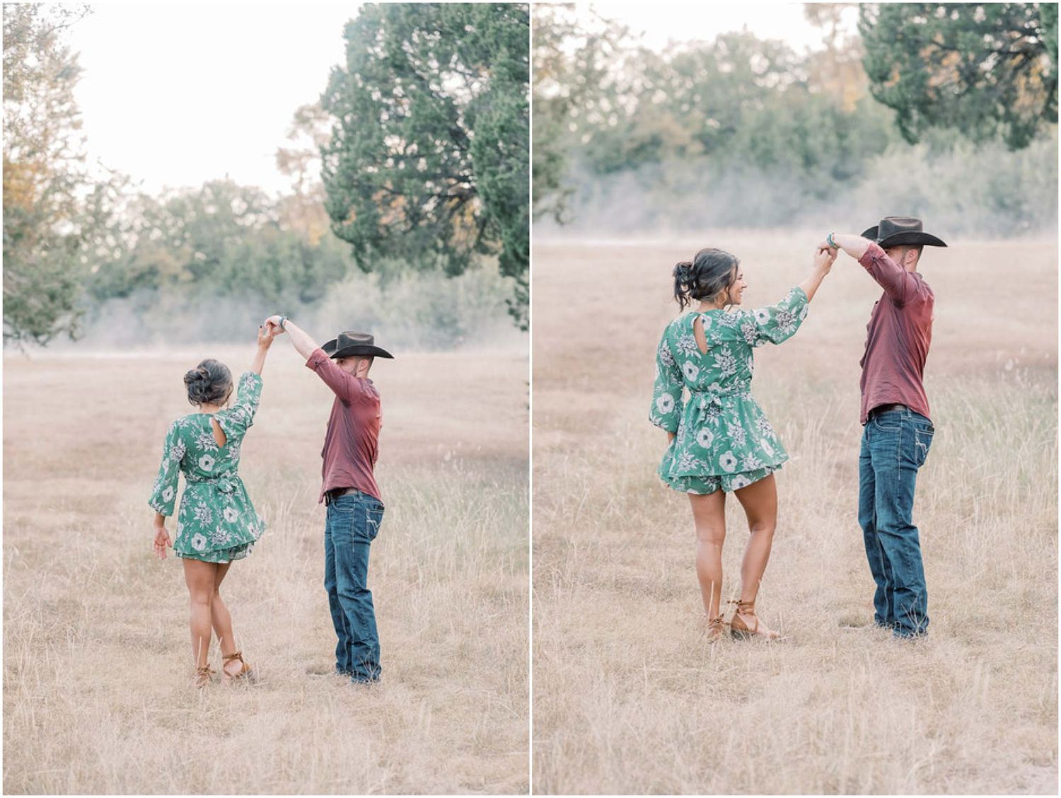 Dancing sequence shows couple twirling in an open field at sunset.